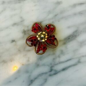 Fun Les Nereides style Red and Gold Floral Brooch